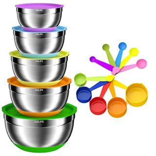 GOLIFE Mixing Bowls Set of 15, Stainless Steel Mixing Bowls with Airtight Lids, Measuring Cups and Spoons Set, Measurement Marks & Non-Slip Bottoms,(6, 3.5, 2.5, 2.0, 1.5 QT) for Mixing & Serving