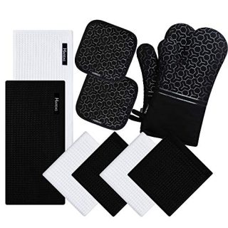 10 Piece Set Silicone Oven Mitts and Pot Holder，with Kitchen Towels and Dish Cloths ，500 Degree Heat Resistant Soft Lining Oven Mitts，Quick Drying Dish Towel，for Kitchen Baking BBQ Grilling (Black）
