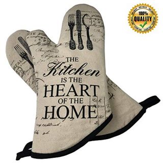 Cestbin Oven Mitts Kitchen Cotton Cute Long Microwave Oven Gloves, Heat Resistant 500 Degrees Glove for Pot Holders Cooking, Food, Frying, Baking Premium Durable Mitts -1 Pair (White, Oven Mitts)
