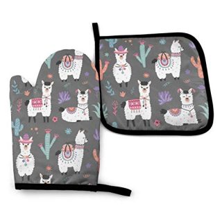 MSGUIDE Cartoon Llama Alpaca Oven Mitts and Pot Holders, 356℉ Heat Resistant Oven Gloves Soft Cotton Lining Gloves for Kitchen, Cooking, Baking, Grilling, BBQ