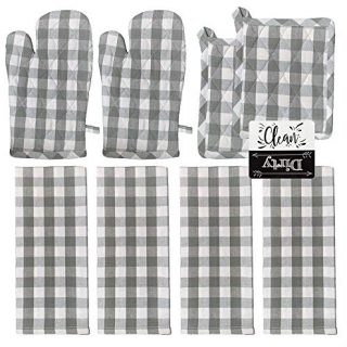 Oven Mitts and Pot Holders Sets with 4 Kitchen Towels 8 Piece Kitchen Set (Gray)
