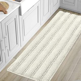 Bath Mats for Bathroom Non Slip Luxury Chenille Striped Bath Rug Runners Large 59x20 Absorbent Non Skid Fluffy Soft Shaggy Rugs Washable Dry Fast Plush Carpet Mats for Bath Room, Tub - Ivory