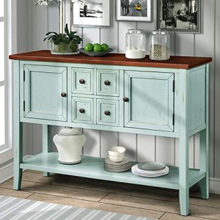 P PURLOVE Console Table Buffet Sideboard Sofa Table with Storage Drawers Cabinets and Bottom Shelf (Antique Blue)