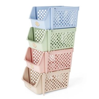 Titan Mall Stackable Storage Bins for Food, Snacks, Bottles, Toys, Toiletries, Plastic Storage Baskets Set of 4, 15x10x7 Inch/bin, Blue-Green-Pink-Khaki Color Shelf Baskets