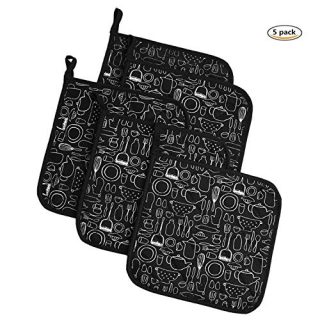 Jennice House Potholders Trivets Kitchen Heat Resistant Cotton Coasters Hot Pads Pot Holders Set of 5 for Everyday Cooking and Baking by 8 x 8Inch (Black)