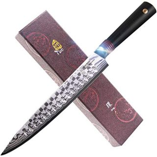 TUO Damascus Slicing Knife 9 inch - Japanese AUS-10D Dragon Pattern Damascus Steel- Hollow Ground Blade - Kitchen Carving Knife with Dishwasher Proof G10 Handle - RING-DA Series
