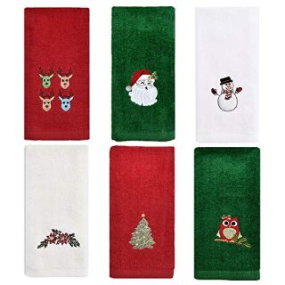 Christmas Kitchen Towels Set of 6, Cotton Christmas Hand Towels for Bathroom, Embroidery Design Holiday Tea Towels Fingertip Towels, Soft Kitchen Dish Towel, 12x18" (Red Green White)