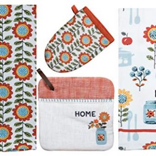 Kay Dee Designs Autumn in Bloom 4 Piece Kitchen Linens Set: Bundle Includes 1 Potholder, 1 Oven Grabber Mitt, and 2 Kitchen Towels