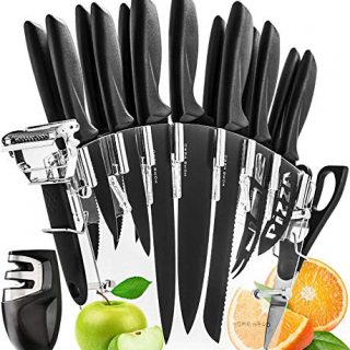 Stainless Steel Knife Set with Block 17 Piece Set Kitchen Knives Set Chef Knife Set with Knife Sharpener, 6 Steak Knives with Bonus Peeler Scissors Cheese Pizza Knife and Acrylic Stand by Home Hero