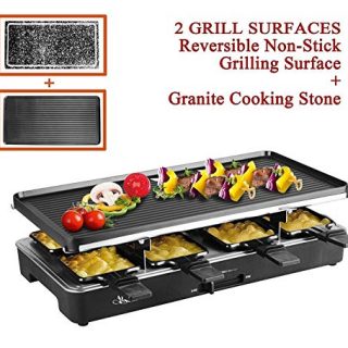 Artestia Electric Raclette Grill Tabletop BBQ,Two Large Non-stick Grilling Plates,Adjustable Temperature Control,8 Paddles,Clean Easy,Great Party(Full Size Stone/Reversible Metal Plates Raclette)