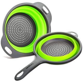 Longzon Collapsible Silicone Colanders and Strainers [2 Piece Set], Diameter Sizes 8'' - 2 Quart and 9.5" - 3 Quart, Pasta Vegetable/Fruit Kitchen Mesh Strainers with Extendable Handles Green and Grey