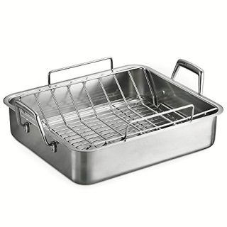 Tramontina 80203/006DS Gourmet Deep Rectangular Roasting Pan with Basting Grill and V-Rack, 16.5 Inch, Made in Brazil