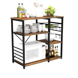 Mecor Industrial Kitchen Backer's Rack, 3-Tier Microwave Oven Stand Utility Storage Shelf w/Shelf, Wire Basket, Hooks, Coffee Bar Tablle Metal Frame, 35.5'', Black