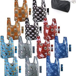 Reusable-Grocery-Bags-Shopping-Totes 12 Pack Animal Bags with Elastic Zipper Bags Xlarge 50LBS Cute Gift Bags Machine Washable Lightweight Sturdy Polyester Dogs Elephant Hedgehog Cat Turtle Penguin