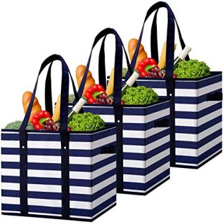 WiseLife Reusable Grocery Bags Boxes Storage Basket[3 Pack],Water Resistant Durable Shopping Bags Boxes, Collapsible Utility Tote Bags w/Long Handle