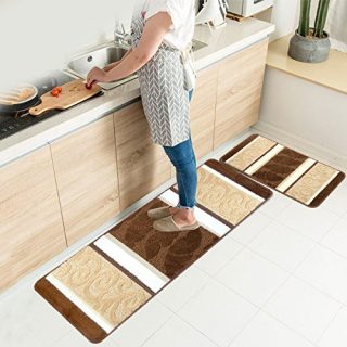 HEBE Kitchen Rugs Set 2 Piece Machine Washable Non-Slip Kitchen Mats and Rugs Runner Set Rubber Backing Indoor Outdoor Entry Floor Carpet Door Mat Runner (18"x47"+18"x30", Brown)