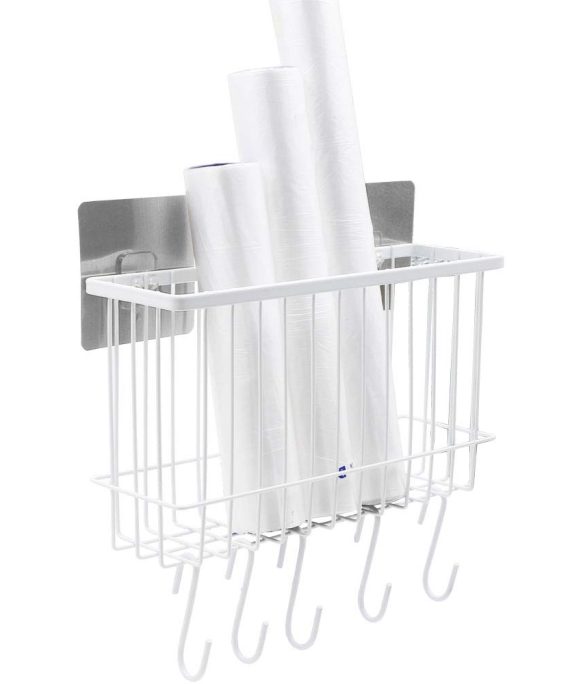Metal Shelf Adhesive Kitchen Wrap Organizer with 5 Hooks for cabinet, Fridge, Basket Rack For Food Storage Bags, Aluminum Foil, Wax Paper, Plastic Wrap - White