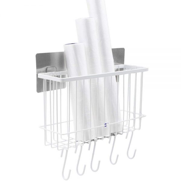 Metal Shelf Adhesive Kitchen Wrap Organizer with 5 Hooks for cabinet, Fridge, Basket Rack For Food Storage Bags, Aluminum Foil, Wax Paper, Plastic Wrap - White