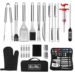 Miss Grill BBQ Grilling Accessories Grill Tools Set,25PCS Stainless Steel Grilling Kit with Carry Bag, Thermometer and Meat Injector for Camping, Smoker, Kitchen, Barbecue Utensil
