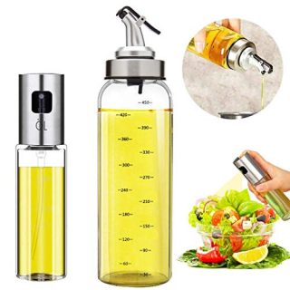 Oil Bottle Olive Oil Dispenser Oil Sprayer Set for Cooking 17OZ Lead-Free Glass Bottle for Oil Drip Free Spout Bottle Stainless Steel BBQ, Salad, Kitchen Baking, Roasting, Frying (2pcs)
