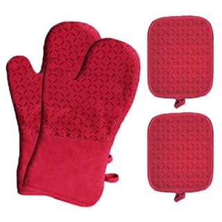 CINLITEK 4 Pcs Oven Mitts and Pot Holders Sets-1 Pair of Extra Long Heat Resistant Oven Gloves up to 500℉ Cooking Gloves with 2 PotHolders for Kitchen, Cooking, Baking,BBQ (red)