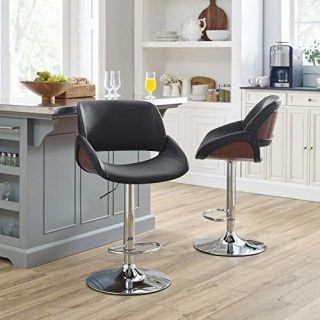 Volans Adjustable Swivel Barstool Chair with Walnut Wood Texture Backside, Black Leather Upholstered Bar Stool, Pub Kitchen Counter Height, 1 Pcs