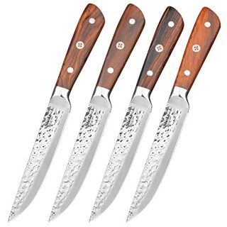 Sheikt Cutlery 5 Inches Non-Serrated Hammered Pot Steak Knife Set of 4 - German Steel - Rosewood Handle with Mosaic Pin - with Leather Roll Bag