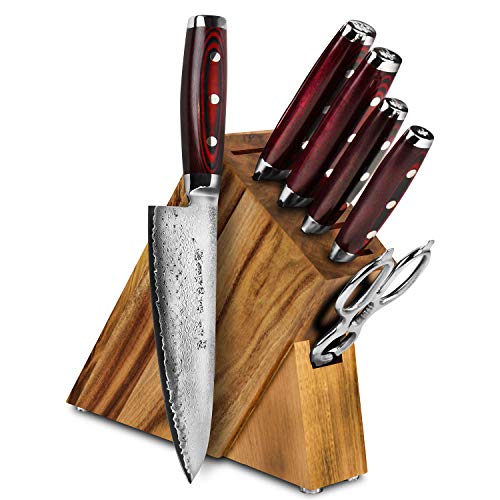Yaxell Super Gou 7 Piece Acacia Slim Knife Block Set - Made in Japan - 161 Layer SG2 Stainless Damascus
