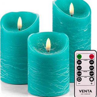 Set of 3 Realistic Flameless Turquoise LED Candles with Remote Control - 4'' 5'' 6'' Electric Wickless Pillar Battery Operated Candles with Flickering Flame Timer