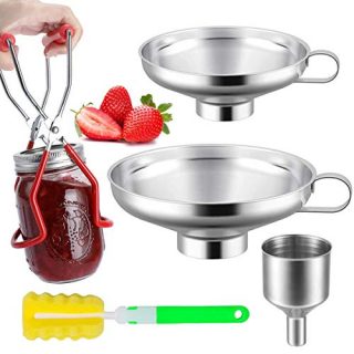 5Pcs Canning Funnel and Jar Lifter Set, Stainless Steel Kitchen Canning Funnel with 1 Jar Lifter 1 Sponge Cleaning Brush for Kitchen Spices Liquid Powder Bean jam Canning Funnels Transferring Tools