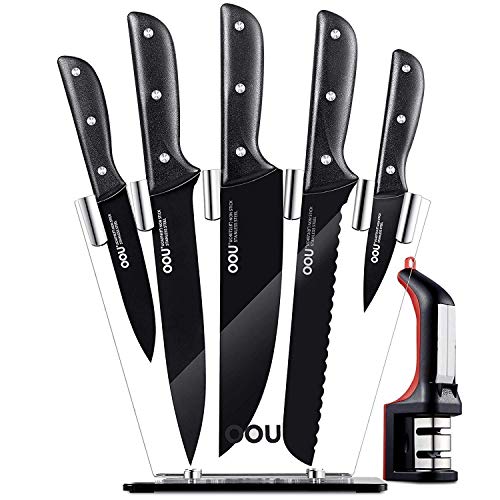 OOU 7pcs Kitchen Knife Set, High Carbon Stainless Steel Kitchen Knives for Kitchen Cooking, Ultra Sharp & Full Tang Fixed with Triple Rivets, Unique BO Tech, Professional Chef Knife Set - Black