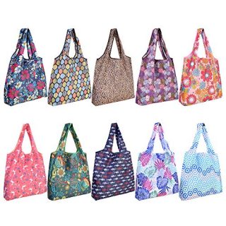 10 Pack Reusable Grocery Shopping Bags, SZUAH Foldable Shopping Bags Grocery Tote with Attached Pouch,Machine Washable Eco-Friendly