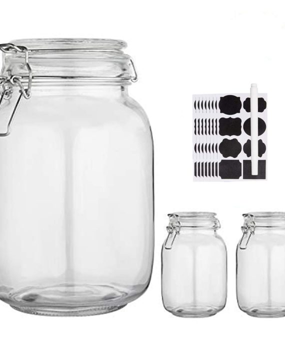 Glass Kitchen Storage Canister Mason Jars with Lids,50oz Airtight Glass Canister with Hinged Lid，Perfect for Kitchen Canning Cereal,Pasta,Sugar,Beans ( Labels & Chalk Marker)-Set of 3