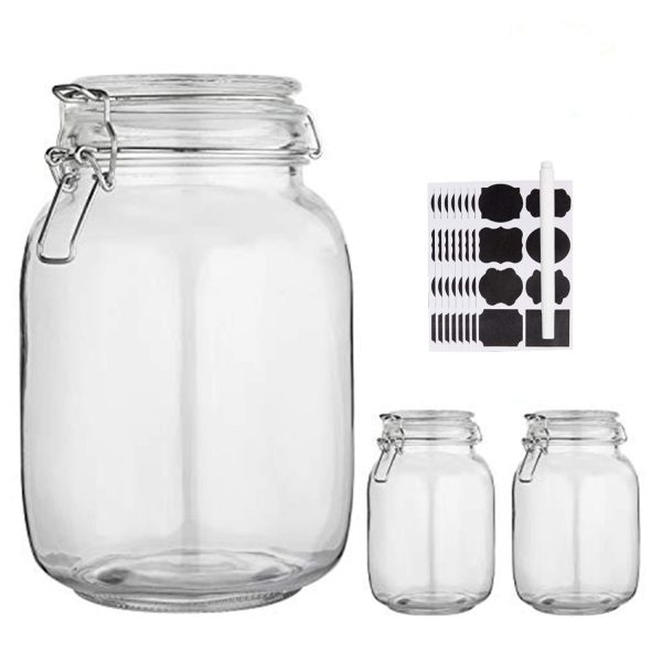 Glass Kitchen Storage Canister Mason Jars with Lids,50oz Airtight Glass Canister with Hinged Lid，Perfect for Kitchen Canning Cereal,Pasta,Sugar,Beans ( Labels & Chalk Marker)-Set of 3