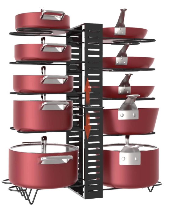 X-cosrack Pot Racks,10 Tier Adjustable Heights with Non-slip feet,6 DIY Methods,Expandable Kitchen Cabinet Pantry Pans and Pots Lid Organizer Rack Holder, Black