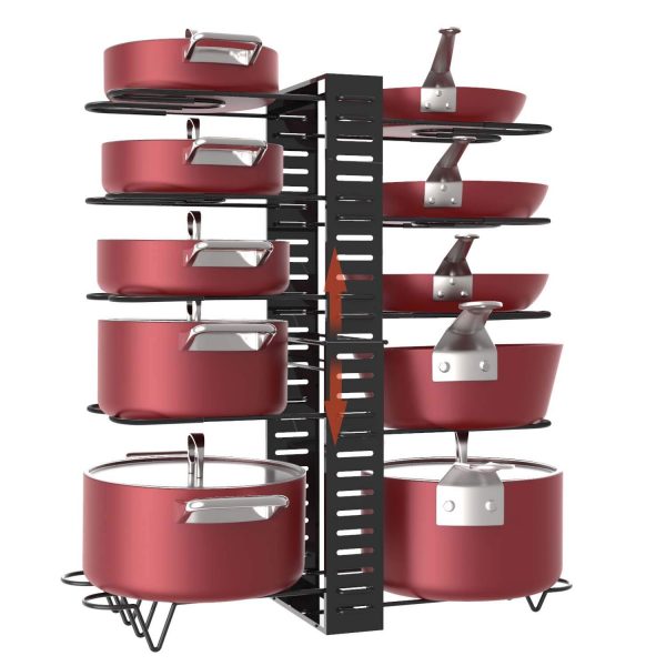 X-cosrack Pot Racks,10 Tier Adjustable Heights with Non-slip feet,6 DIY Methods,Expandable Kitchen Cabinet Pantry Pans and Pots Lid Organizer Rack Holder, Black