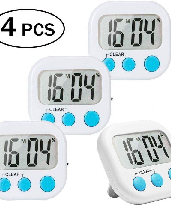 4 Pack Digital Kitchen Timer Big Digits Loud Alarm Magnetic Backing Stand ON/OFF Switch for Cooking Game Exercise Office White