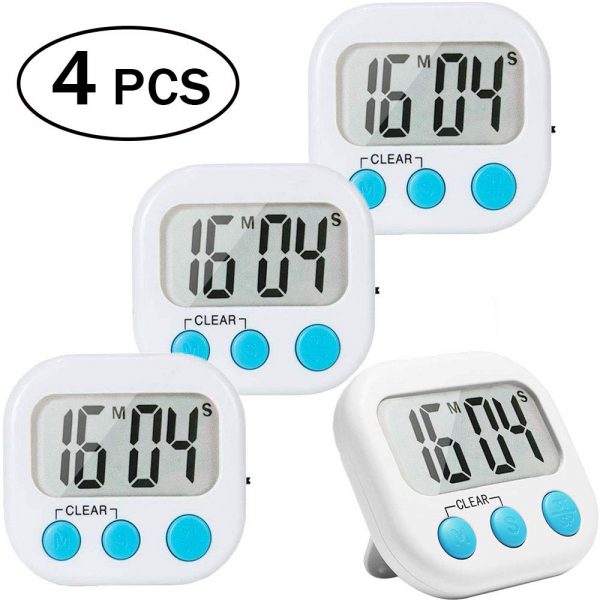 4 Pack Digital Kitchen Timer Big Digits Loud Alarm Magnetic Backing Stand ON/OFF Switch for Cooking Game Exercise Office White