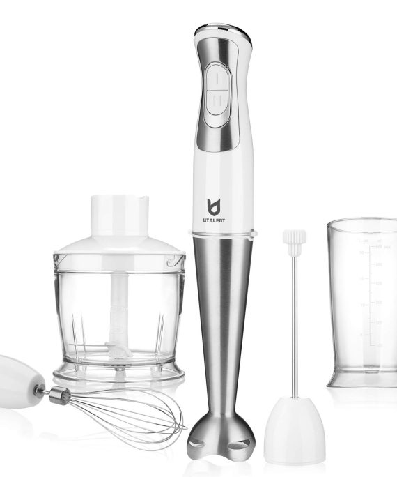 Immersion Hand Blender, Utalent 5-in-1 8-Speed Stick Blender with 500ml Food Grinder, BPA-Free, 600ml Container,Milk Frother,Egg Whisk ,Puree Infant Food, Smoothies, Sauces and Soups - White