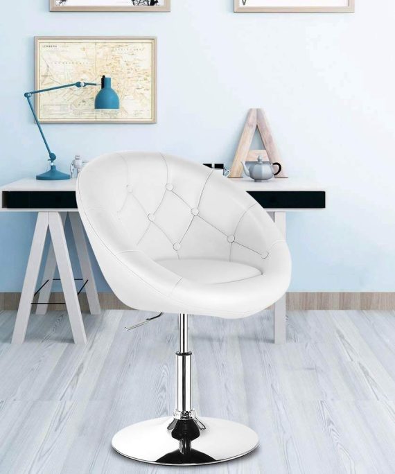 WATERJOY Swivel Bar Chair, Round Tufted Back Swivel Chair, Chrome Adjustable Leather Bar Accent Stool Chair with Lift, White