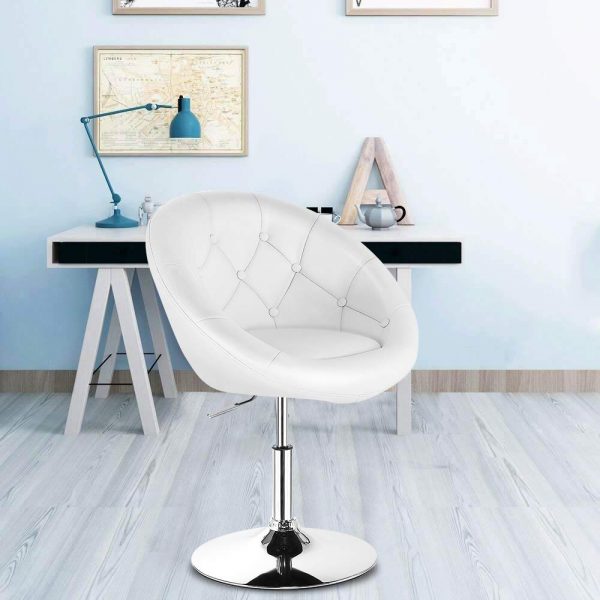 WATERJOY Swivel Bar Chair, Round Tufted Back Swivel Chair, Chrome Adjustable Leather Bar Accent Stool Chair with Lift, White