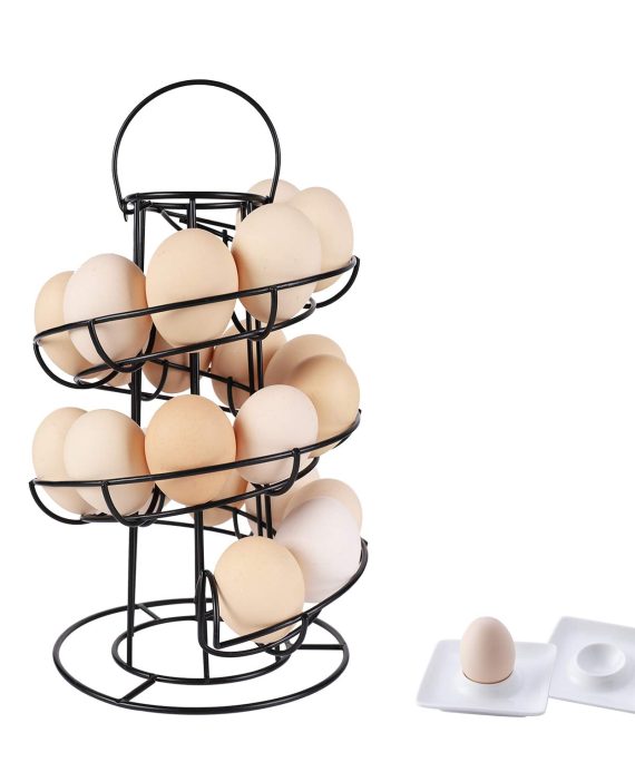 Egg Skelter with 2 Egg Cups, Iron Egg Holder, Spiral Design Metal Modern Egg Dispenser Drying Rack for Egg Storage Organizer