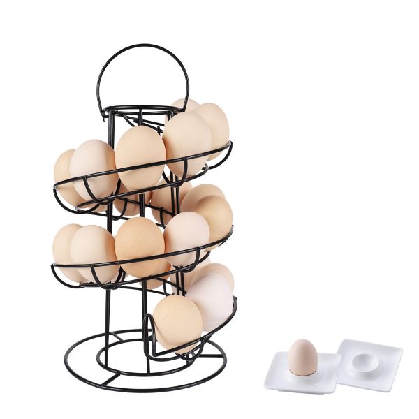 Egg Skelter with 2 Egg Cups, Iron Egg Holder, Spiral Design Metal Modern Egg Dispenser Drying Rack for Egg Storage Organizer