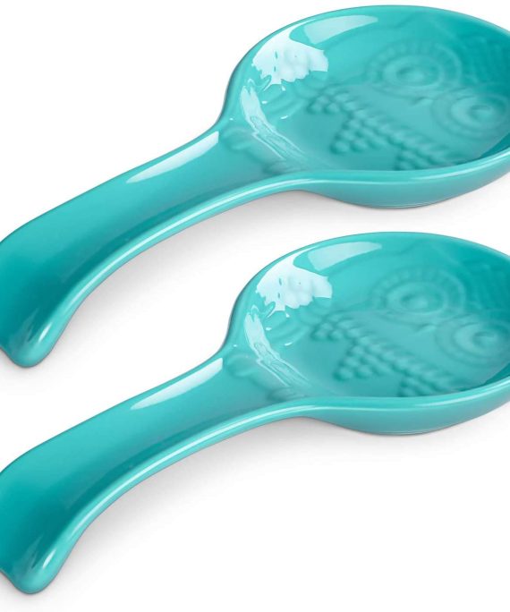 DOWAN Spoon Rest for Kitchen, 2 Packs Ceramic Farmhouse Spoon Holder for kitchen, Owl Spoon Rest for Stove Top Kitchen Counter, 9.5 Inches Ladle Rest Turquoise Kitchen Decor and Accessories