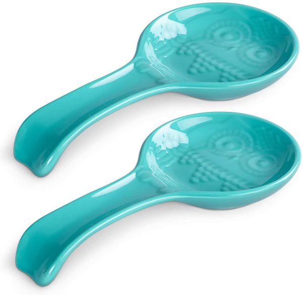 DOWAN Spoon Rest for Kitchen, 2 Packs Ceramic Farmhouse Spoon Holder for kitchen, Owl Spoon Rest for Stove Top Kitchen Counter, 9.5 Inches Ladle Rest Turquoise Kitchen Decor and Accessories