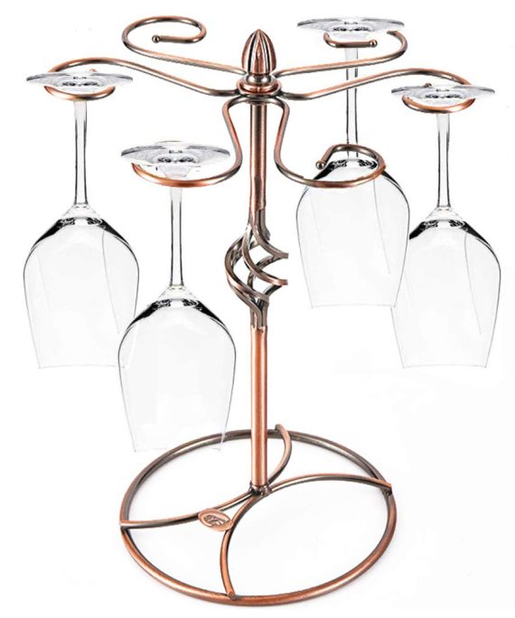 Jolitac Wine Glass Stand Racks Holder Display With 6 Hooks Elegant Gold Kitchen Glasses Accessories Organizer Tabletop Metal Stemware Storage Racks For Home (Bronze)