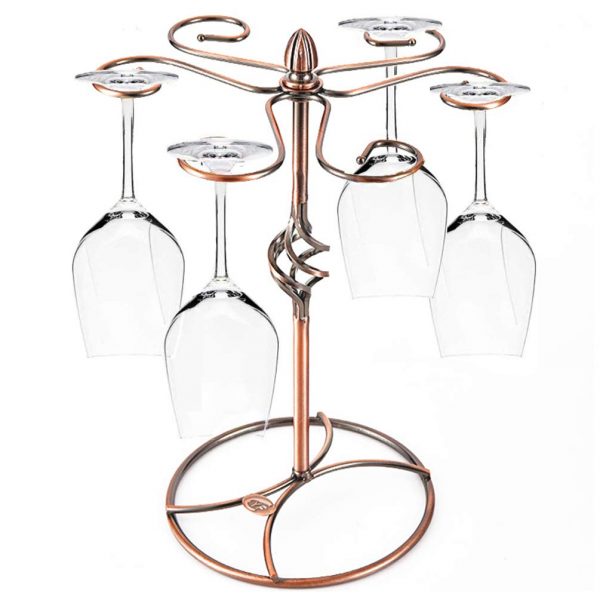Jolitac Wine Glass Stand Racks Holder Display With 6 Hooks Elegant Gold Kitchen Glasses Accessories Organizer Tabletop Metal Stemware Storage Racks For Home (Bronze)