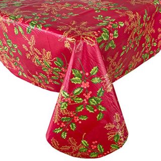 Newbridge Red Golden Holly and Berry Christmas Vinyl Flannel Backed Tablecloth - Red Metallic Gold Holly Holiday Print Wipe Clean Easy Care Kitchen, Dining Room Tablecloth, 52" x 52" Square