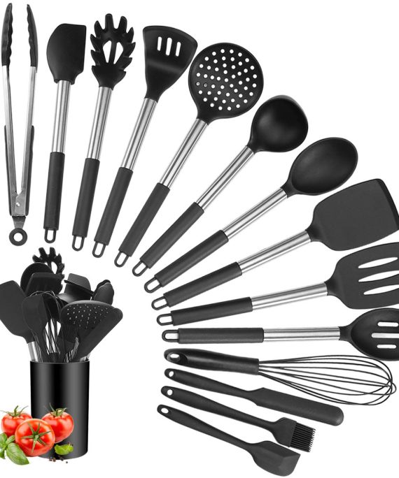 Silicone Cooking Utensil Sets, 15 pcs Kitchen Utensils Set, Non-stick Heat Resistant Silicone Cookware with Stainless Steel Handle, BPA-Free Cookware Kitchen Tools Set, Black