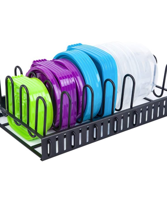GeekDigg Food Container Lid Organizer, Adjustable Tupperware Lid Holder Rack Storage Container Lid organizer for Cabinets with 6 Dividers (Upgraded)